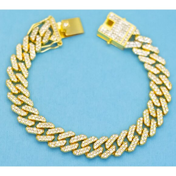 8 inch, Vintage Rhinestone Geometric Curbs Unique Gold Tone Bracelet - N32 - Picture 2 of 3